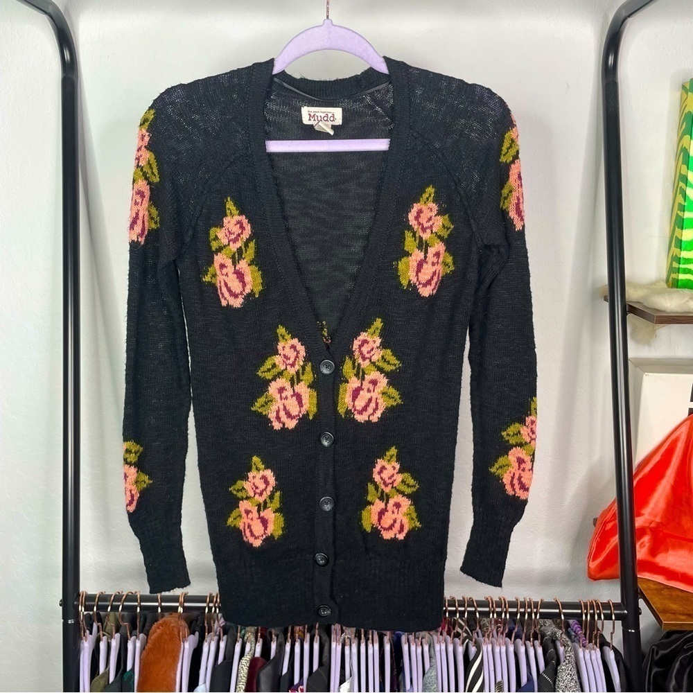 Mudd Black Long Black Floral Knit Cardigan